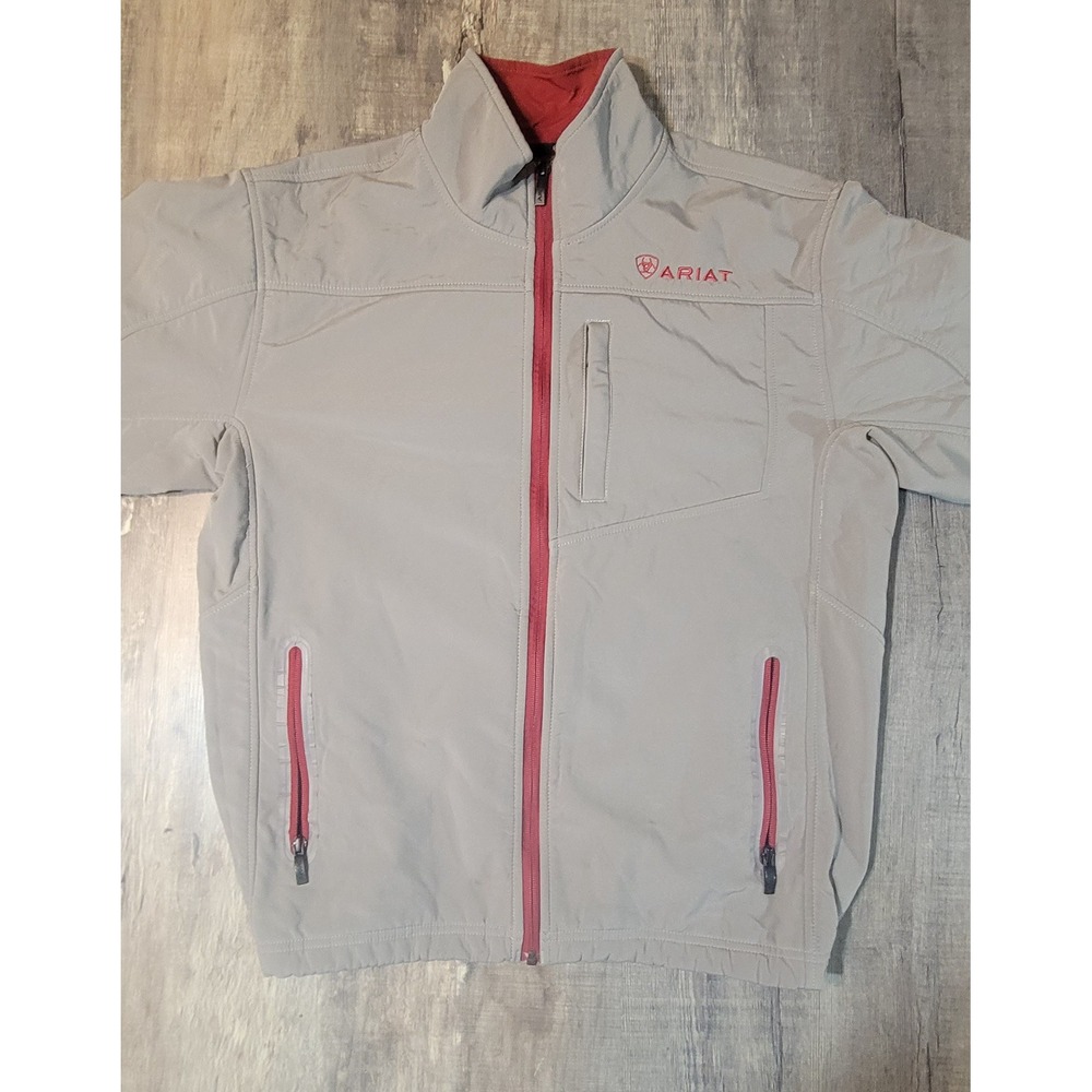 Ariat Mens Softshell Jacket Grey Red Full Zip Fleece Lined Logo Size Medium